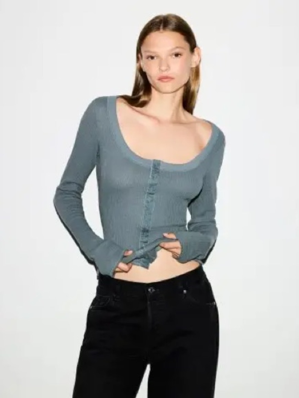 SKIMS Cotton Scoop Neck Ribbed Long-Sleeve Button UpTop in Slate Blue XXS